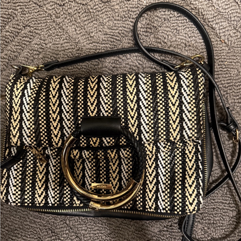 Aldo Chic Black and Cream Patterned Bag Fold Over shoulder Purse